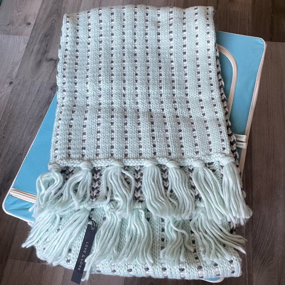 NWT Love & Lore Knit Stripe Scarf, Mint Green/Grey